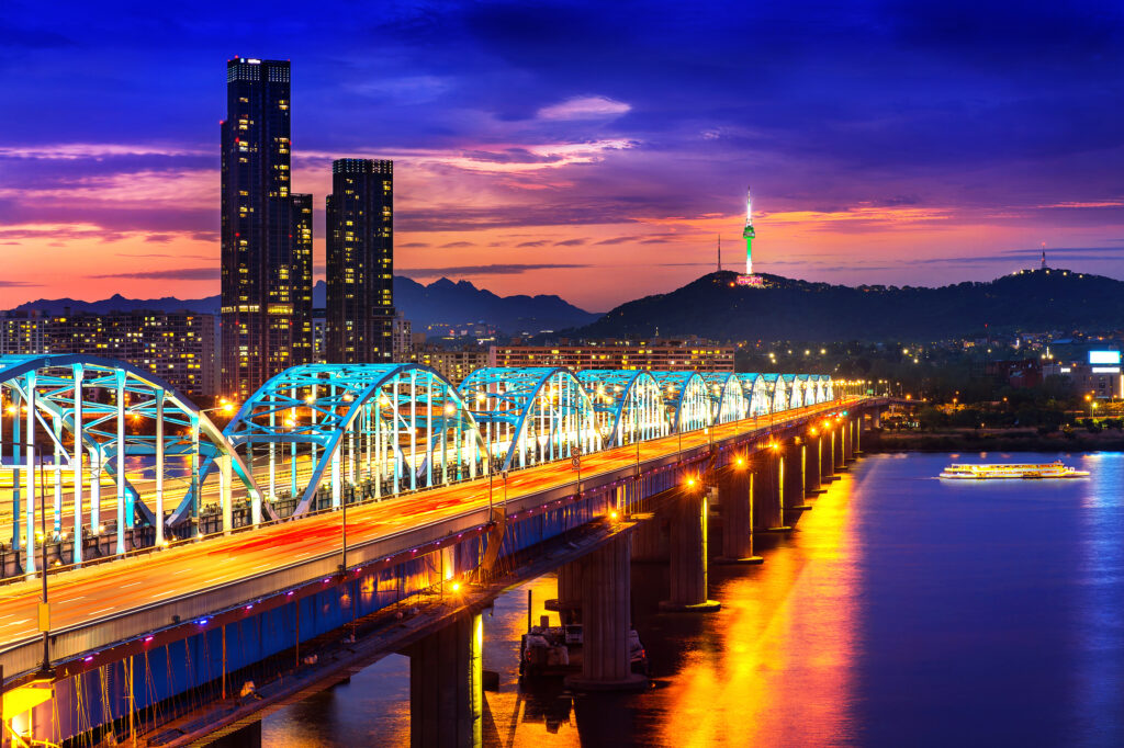 View of downtown cityscape at Dongjak Bridge and Seoul tower ove